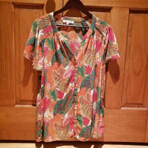 Rose & Olive Women Tropical Floral Button Up Top Size 1X Artsy Hawaiian Colorful